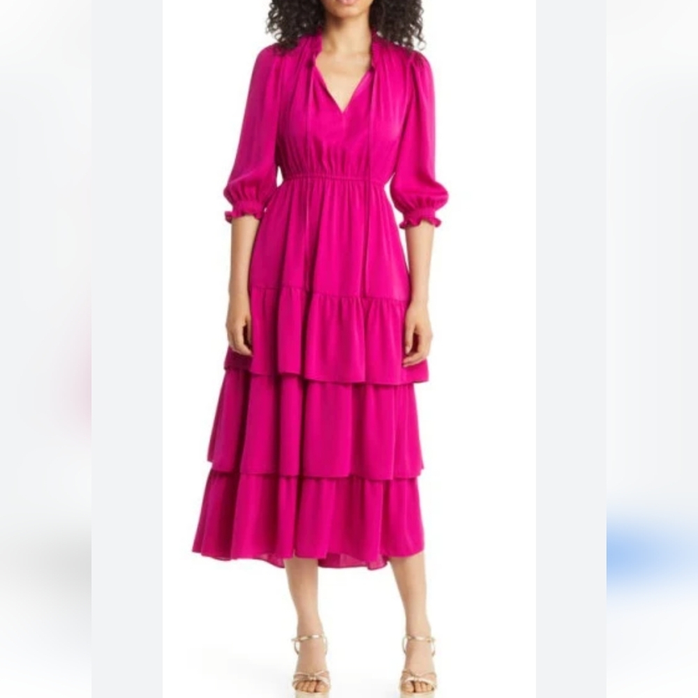 MELLODAY Ruffle Tiered Satin Midi Timeless Dress in Magenta